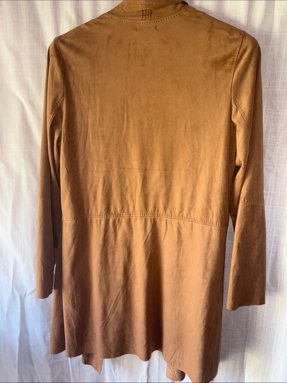Max Studio Camel Faux Suede Open-Front Draped Trench Coat - Picture 8 of 10